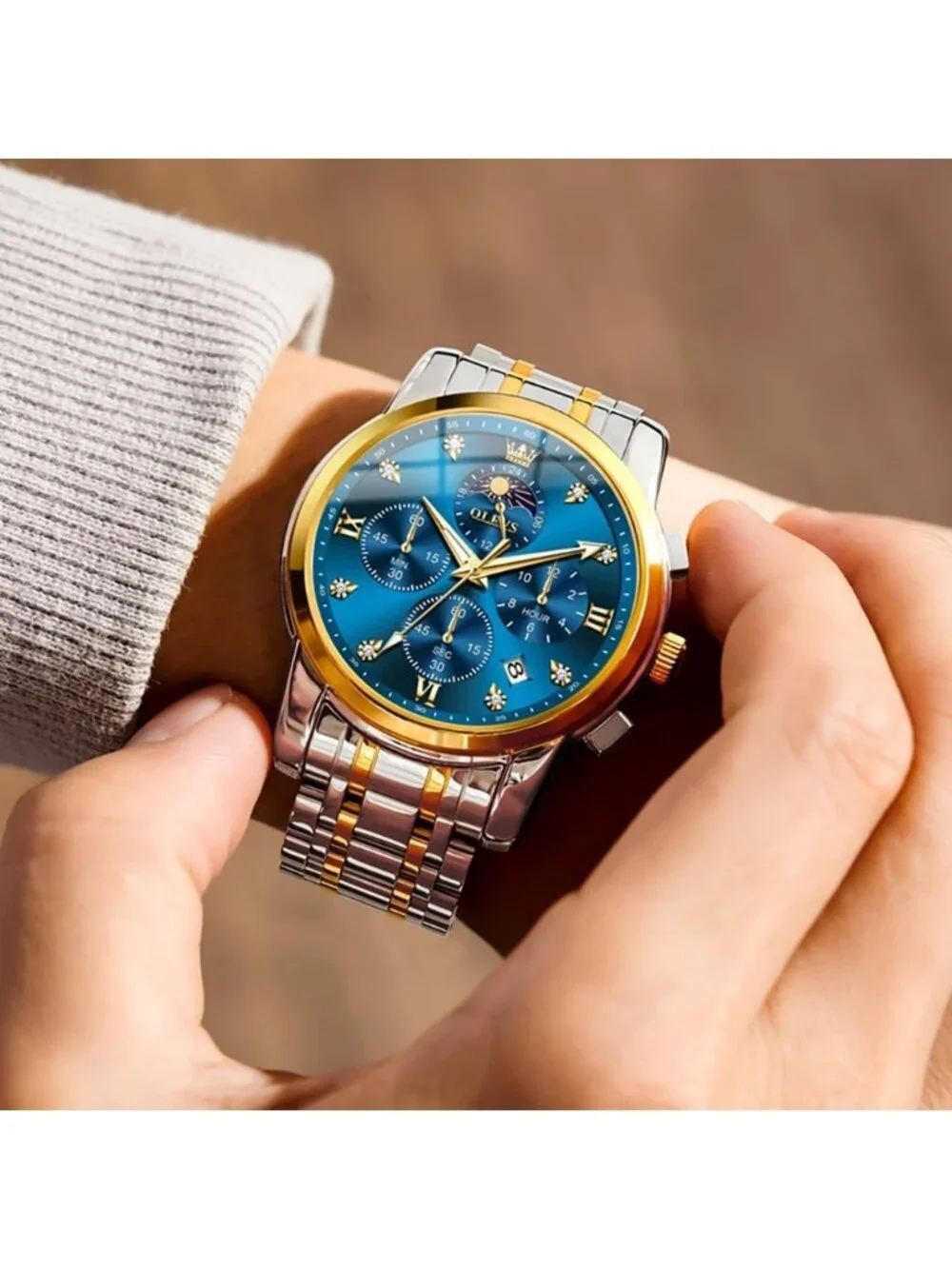 Men's Blue Diamond Analog Quartz Stainless Waterproof Luminous Classic Watch